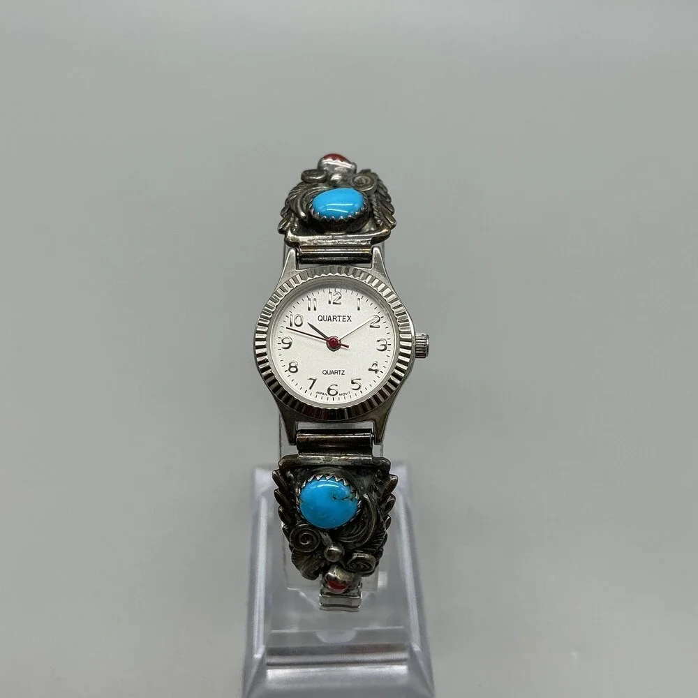 Vtg Quartex Womens Watch 21mm Stamped Sterling Turquoise Coral New Battery